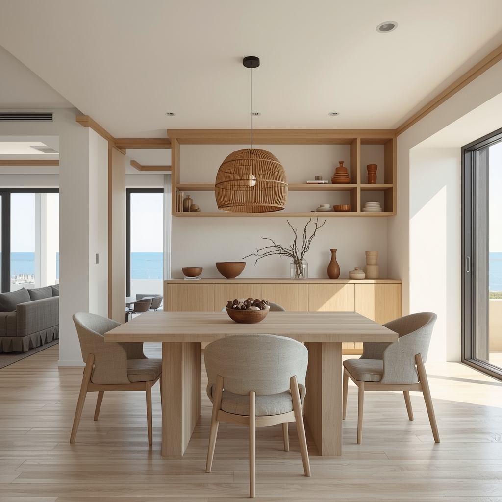 Japandi appartement Benidorm, eiken meubels, zeezicht