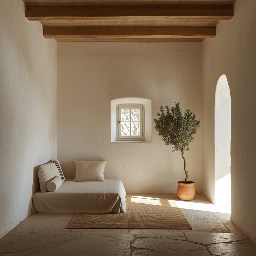 Japandi landhuis La Nucia, witte muren, houten balken
